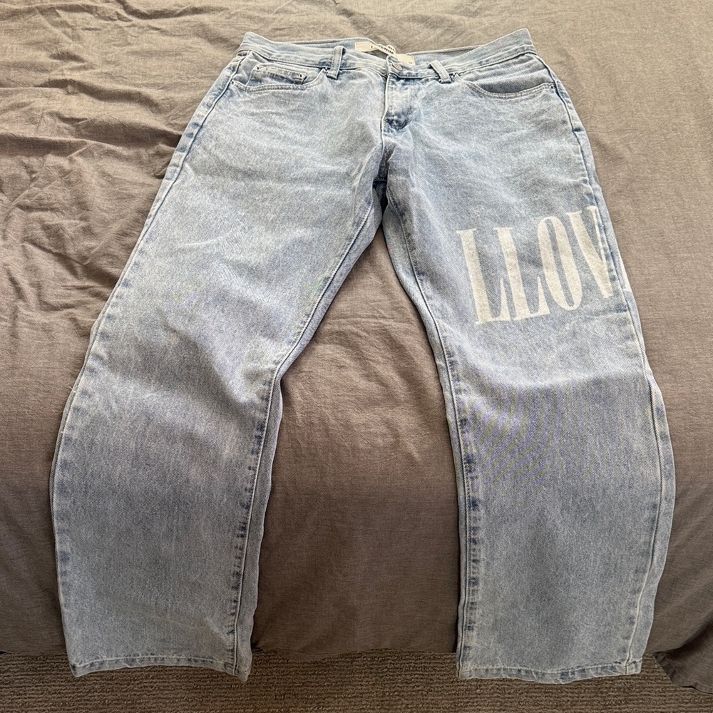 Lovesick Light Blue Straight Jeans with White LLOVE Print